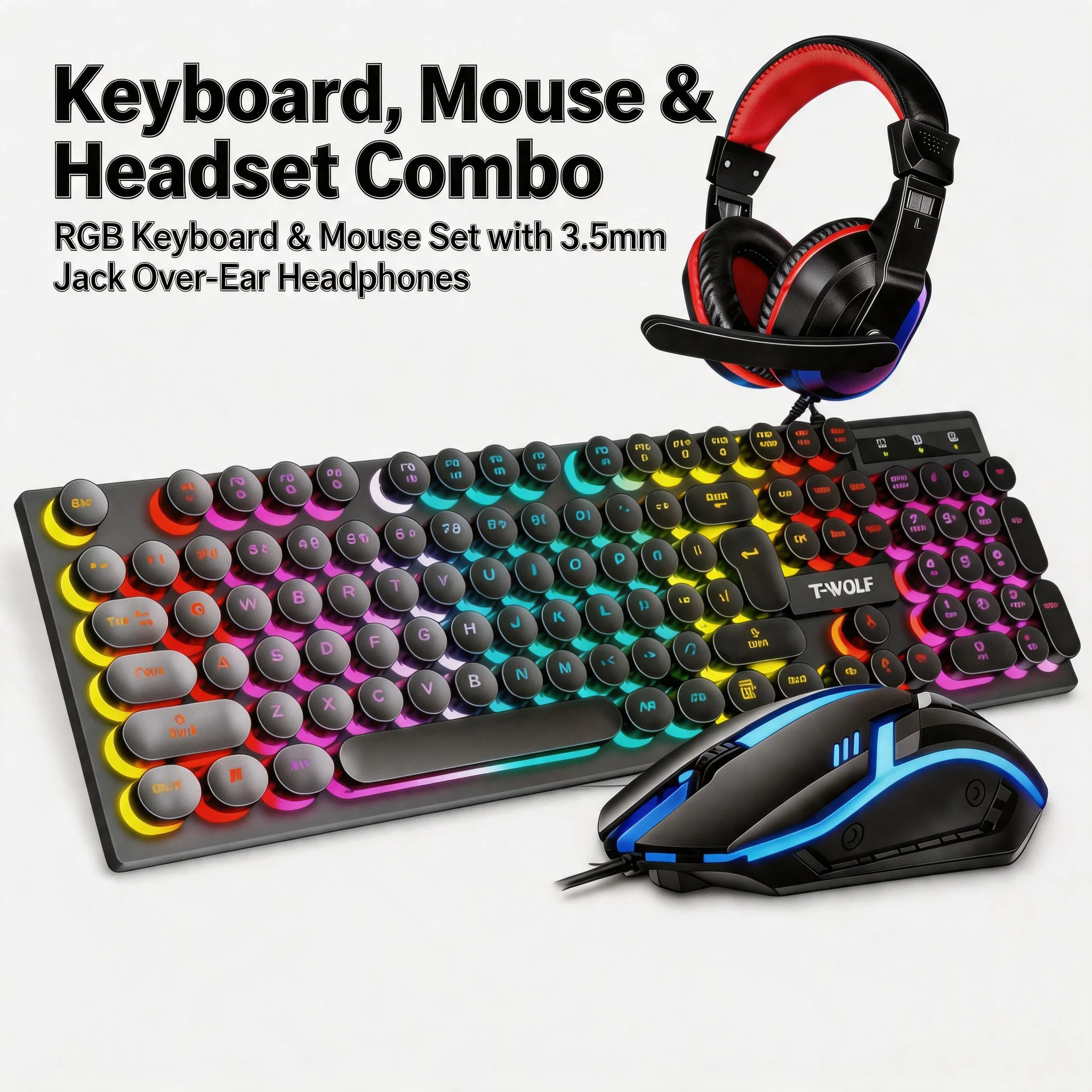 Gaming Keyboard Mouse Headset Combo Wired 3.5mm Headphones Set - Image 1
