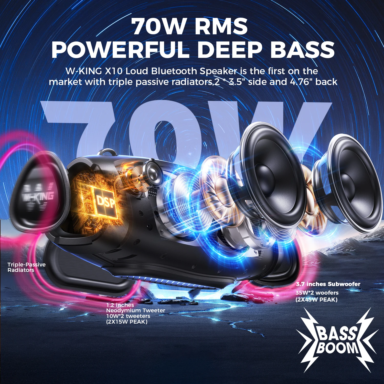 W-KING X10 Bluetooth Speaker, 120W Max Portable Loud Speakers Boombox - Image 2