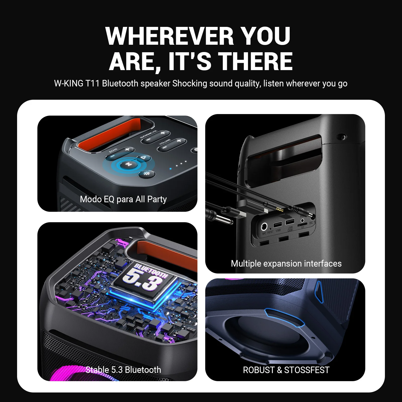 W-KING T11 Bluetooth Speakers,100W RMS, IPX6 Waterproof, BT 5.3 Portable - Image 10