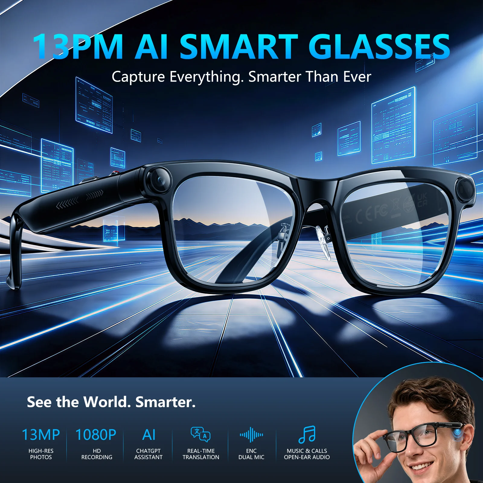 KAIGERR 300mAh Smart Glasses 4K 1300W Pixels Camera Video Recording - Image 1