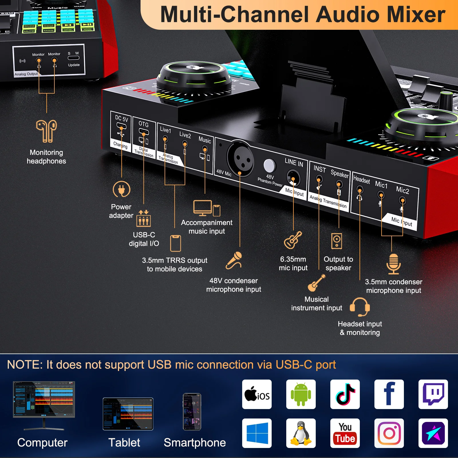 Tenlamp G10 Equipment Bundle 6 Channel with 3.5mm Microphone and Live Sound Card - Image 7