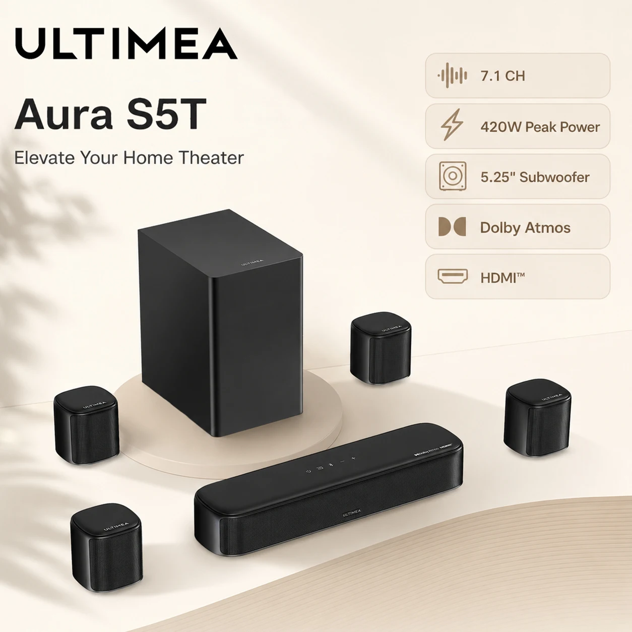 ULTIMEA 7.1ch Soundbar with 5.25" Subwoofer&4 Surround Speakers - Image 2